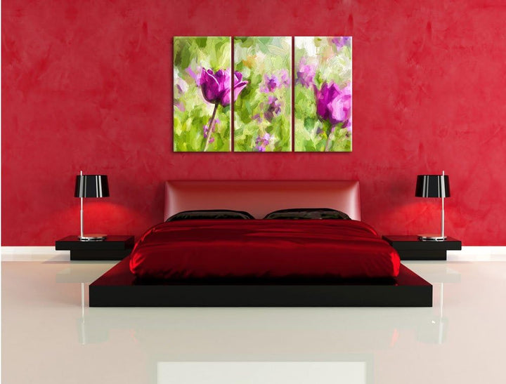 Pixxprint Blumen im Sonnenschein Kunst als Leinwandbild/Grösse: 3 Teilig (120x80 cm) cm/Wandbild/Kun