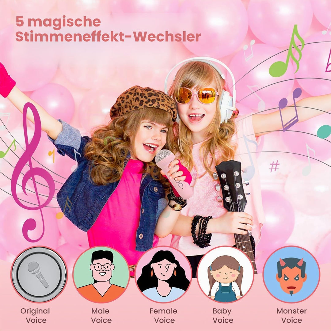Karaoke Maschine mit 2 Drahtlosen Mikrofonen für Kinder, Tragbarer Bluetooth-Lautsprecher mit LED un