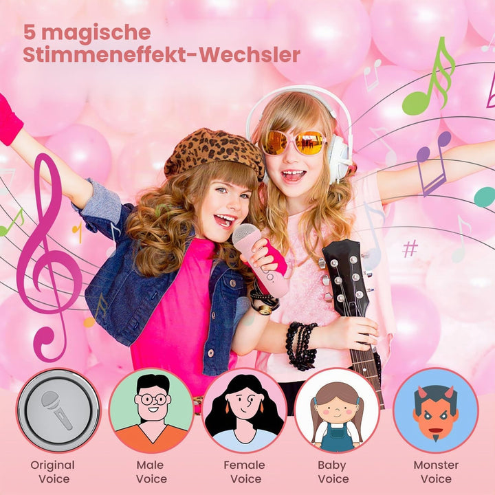 Karaoke Maschine mit 2 Drahtlosen Mikrofonen für Kinder, Tragbarer Bluetooth-Lautsprecher mit LED un