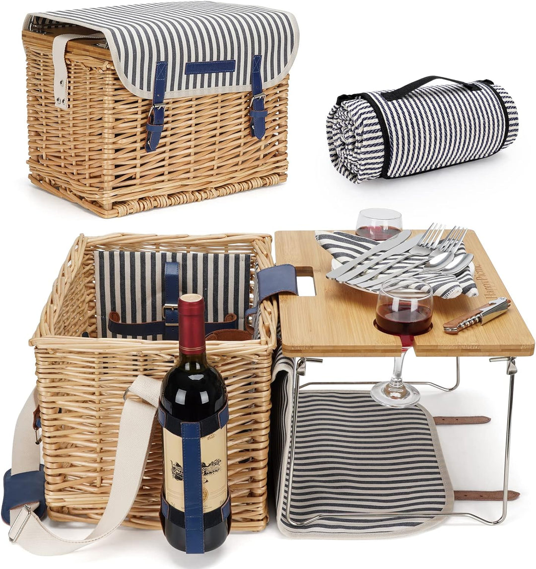 Weidenkorb Picknickkorb für 2 Personen Picknickset, Weidenkorb Service Geschenkset mit Bambus Weinti