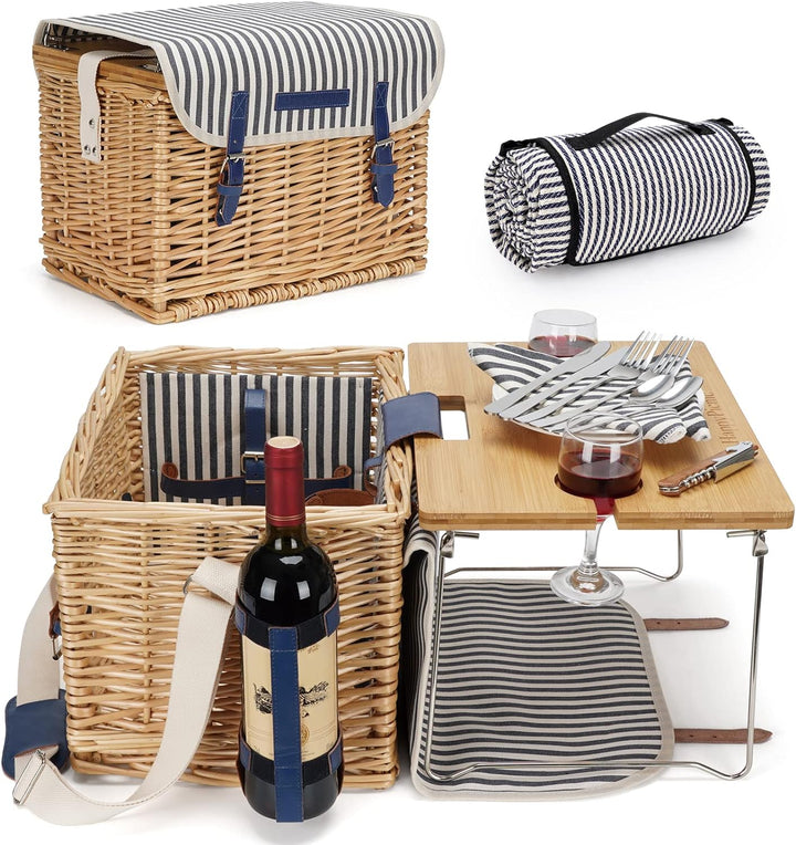 Weidenkorb Picknickkorb für 2 Personen Picknickset, Weidenkorb Service Geschenkset mit Bambus Weinti