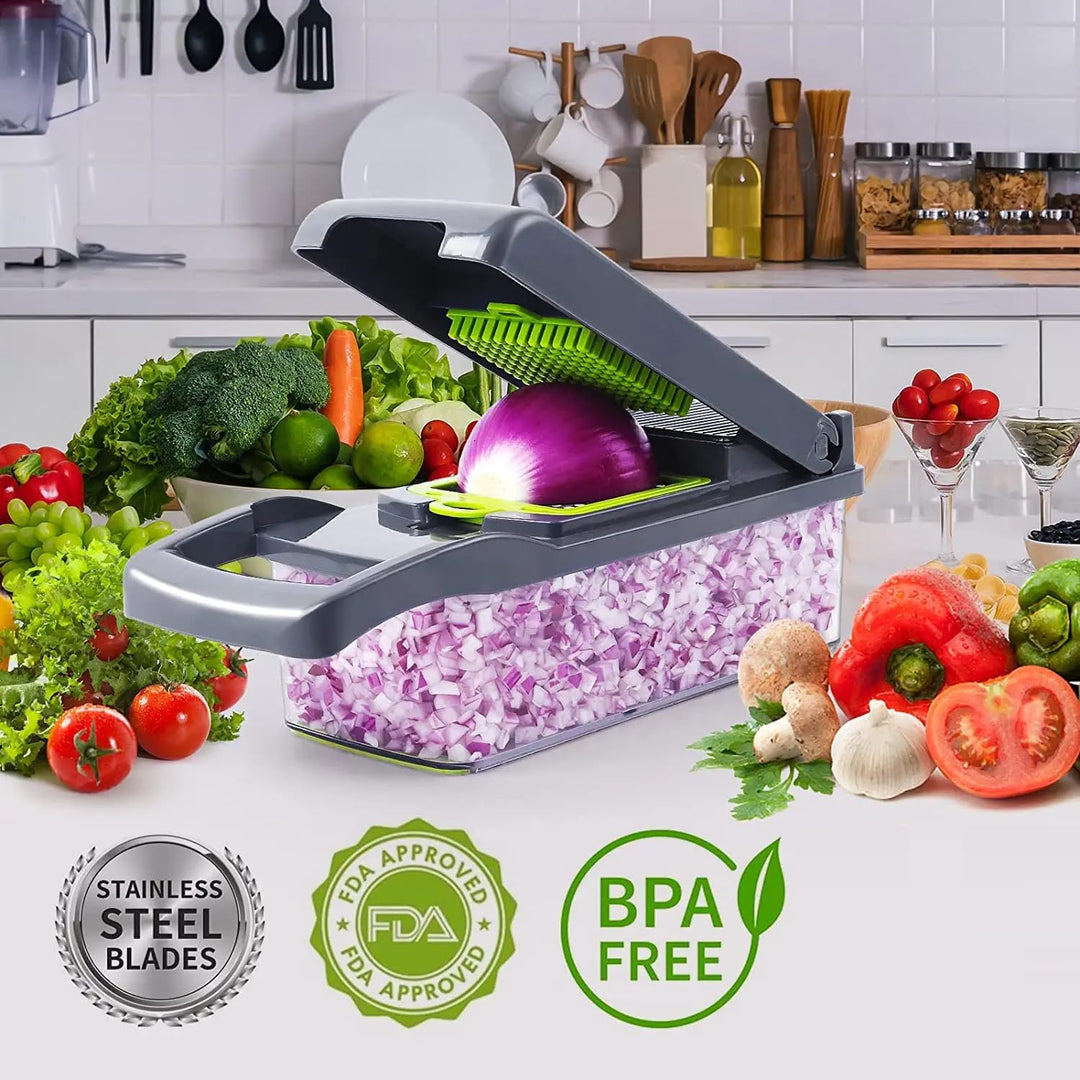 15-in-1 Gemüseschneider Edelstahl | Mandoline mit 7 Klingen | Für Zwiebeln, Kartoffeln, Gurken | Ink
