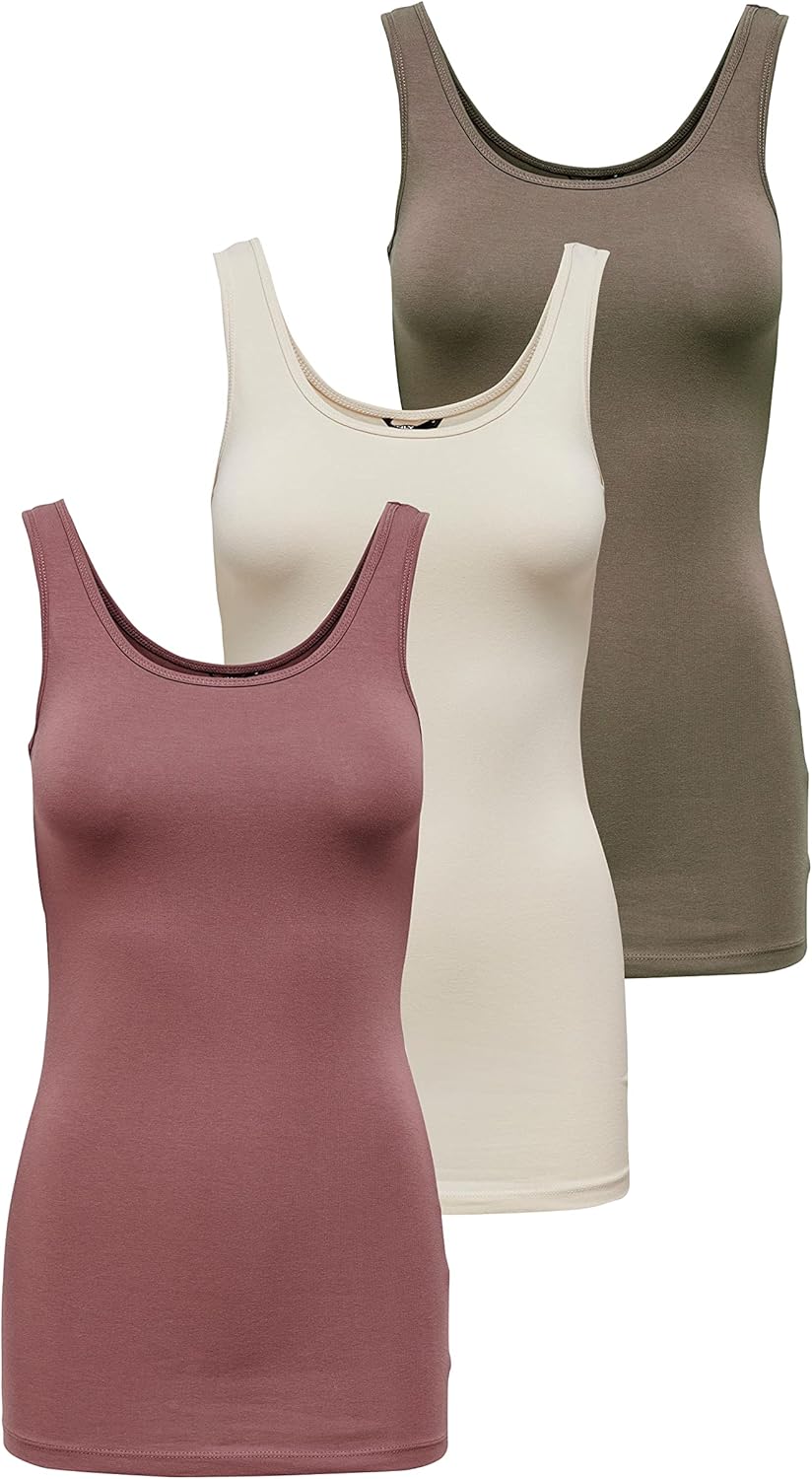 ONLY 3er Pack Damen Oberteile Basic Tank Tops weiss, schwarz, grau, blau, Creme Frauen Shirt lang So
