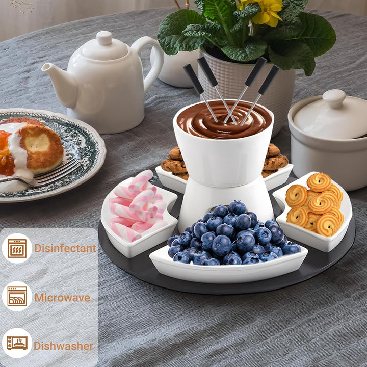 Keramik Schokofondue, Fondueset mit Holzpalette, 4 Gabeln, 4 Snackschalen, Schokobrunnen mit Schmelz
