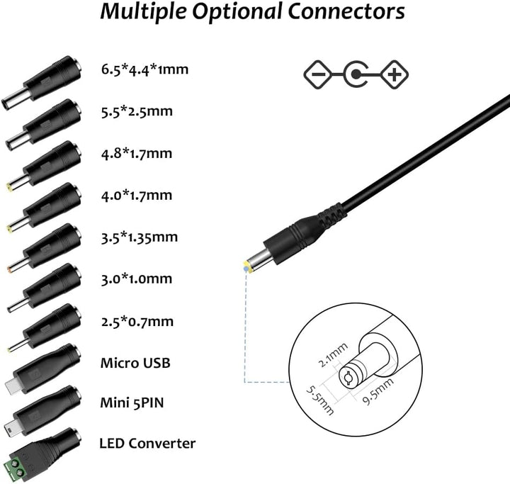 Zolt Universal AC zu DC 3V 4.5V 5V 6V 7.5V 9V 12V 2A Netzteil mit 5V 2A USB Port und 10 DC Steckern