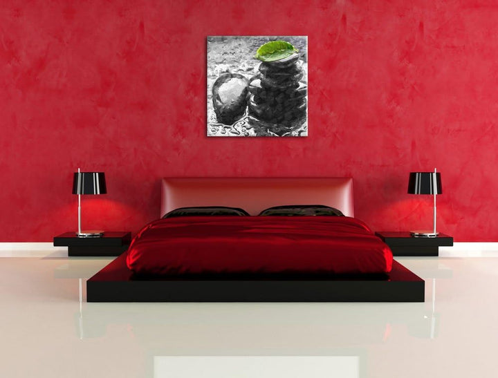 Pixxprint Zensteinturm im Regen als Leinwandbild/Grösse: 70x70 cm/Wandbild/Kunstdruck/fertig bespann