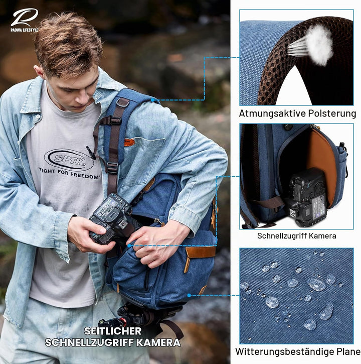 Padwa Lifestyle Kamerarucksack - Gewachstem Memory Canvas Kamerarucksack mit 16“ Laptop-/Objektivfac