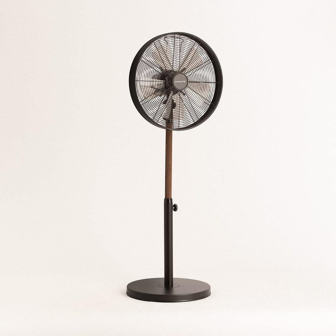 CREATE | AIR STAND WOOD/Standventilator mit Oszillation/schwarz und dunkle Holz/Retro-Stil, 3 Geschw