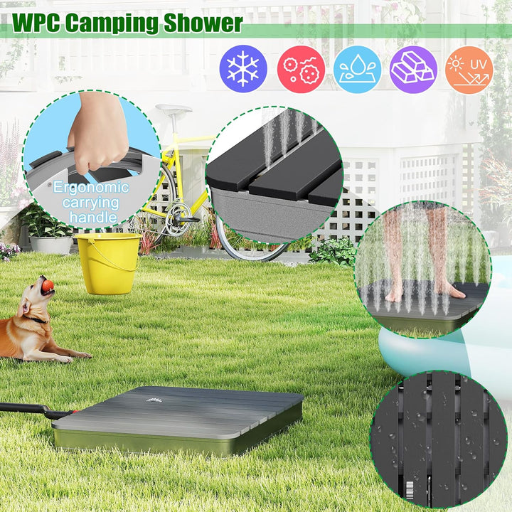 WPC Bodendusche Aussendusche Einstellbare mit Fussrad & rutschfeste Standfläche Wetterfest Holzoptik