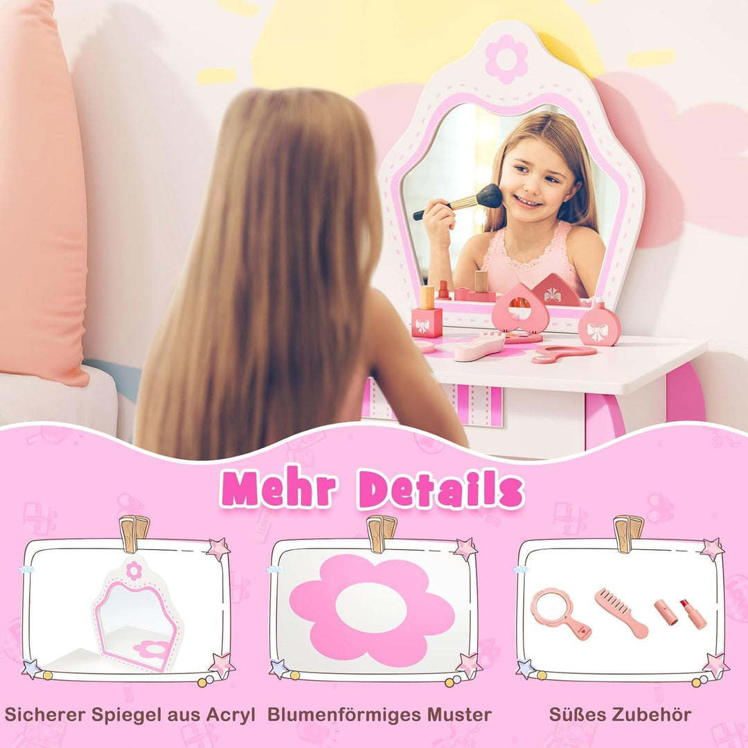 FANTASK Kinderschminktisch mit Hocker, Mädchenschminktisch mit abnehmbarem Spiegel & Schublade, Prin