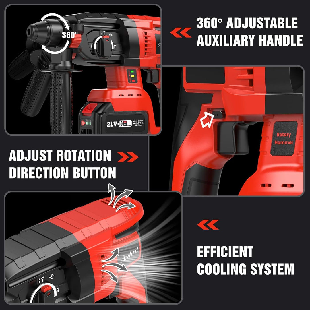 Avhrit 2025 Aktualisierter Akku Bohrhammer, mit 2 Pack Tragbarem Lithium-Akku (21V), Bürstenlosem Mo