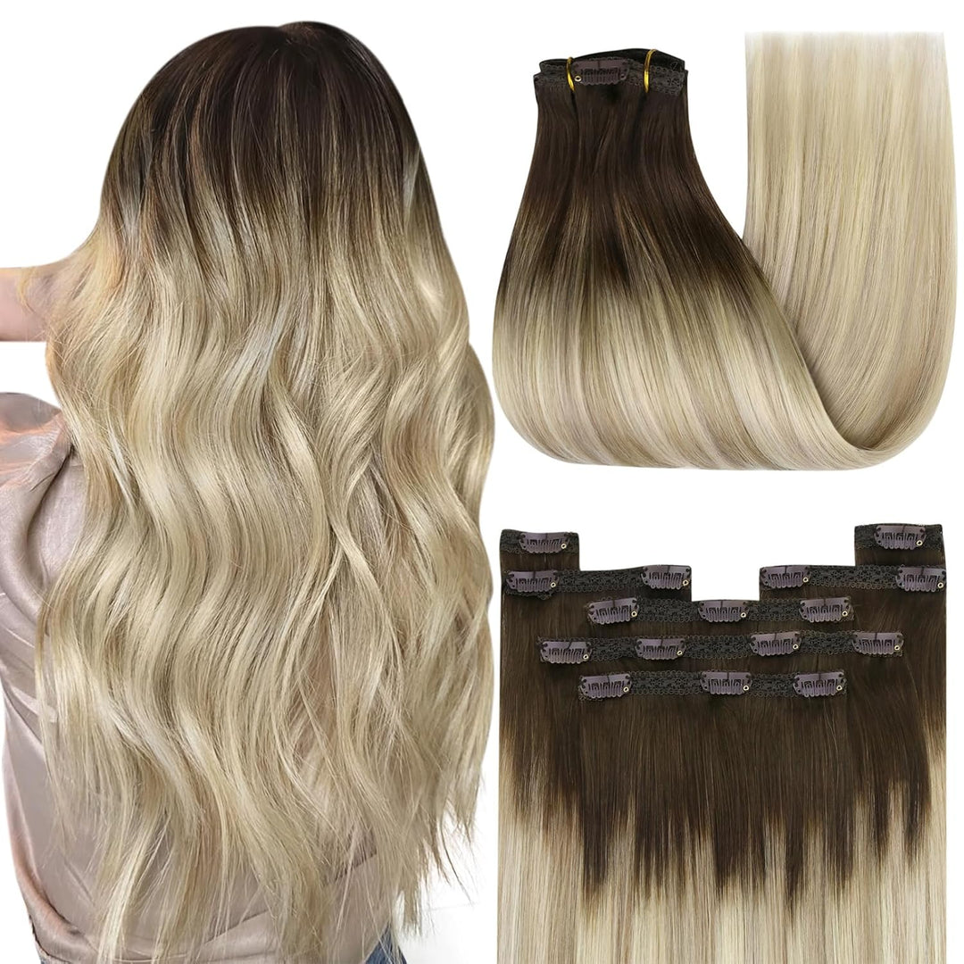 YoungSee Echthaar Extensions Clip Balayage Clip in Extensions Echthaar Braun Blond 35cm Extensions C