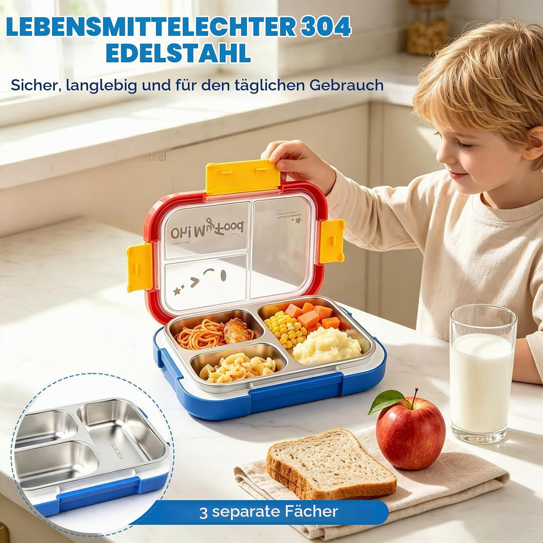 Edelstahl Brotdose Kinder,800ml Metall Bento Lunchbox mit 3 Fächern, Rot