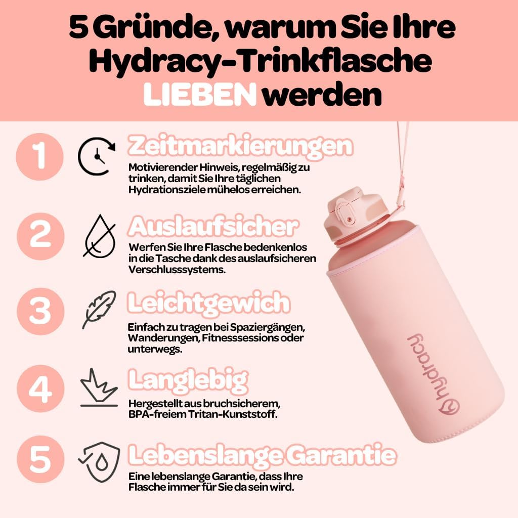 Hydracy Trinkflasche mit Strohhalm und Zeitmarkierung - 2L Wasserflasche - BPA-freie Trinkflasche -