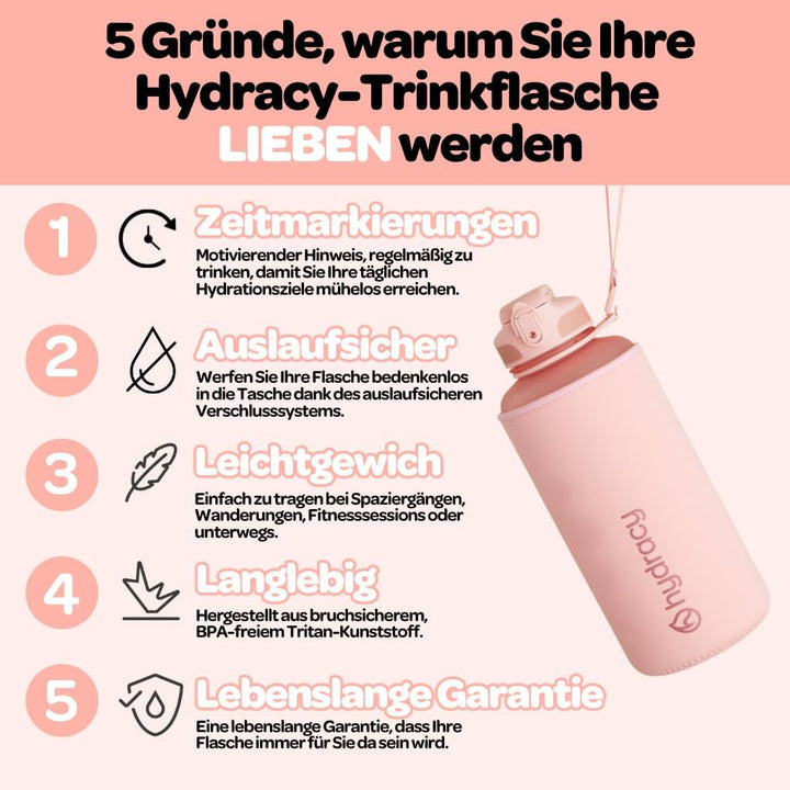 Hydracy Trinkflasche mit Strohhalm und Zeitmarkierung - 2L Wasserflasche - BPA-freie Trinkflasche -