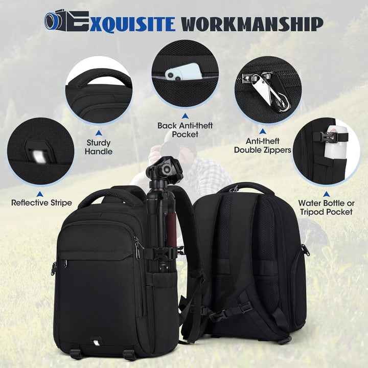 RAINSMORE Fotorucksack Kamerarucksack Gross mit 15,6 Zoll Laptopfach Leicht Kamera Rucksack DSLR SLR