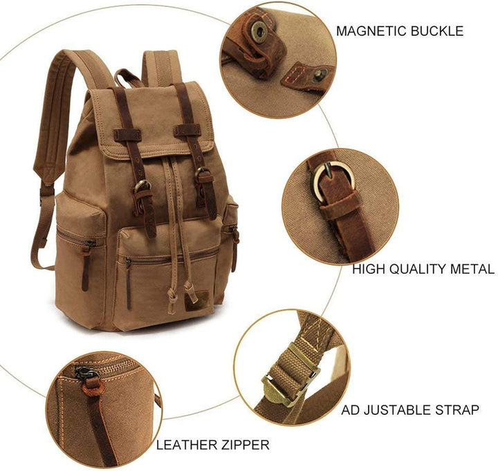 Retro Segeltuch Rucksack, Canvas Vintage Rucksack Laptop Daypack Schulrucksack Reisetasche Lederruck