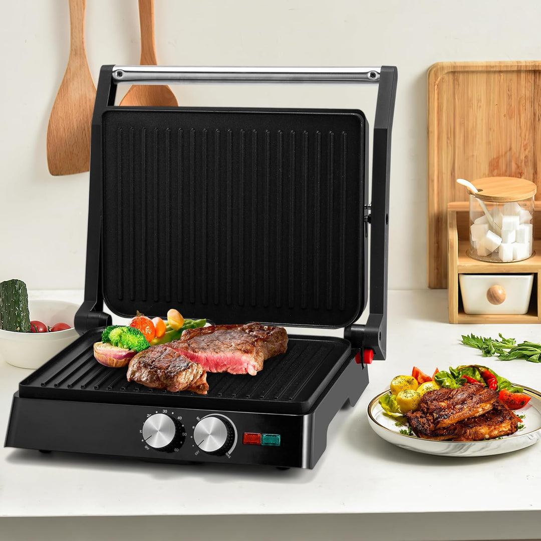 Pukomc Kontaktgrill, 1800W Contact Grill Plattengriller mit Antihaftbeschichtung, 60 Minuten Timer,