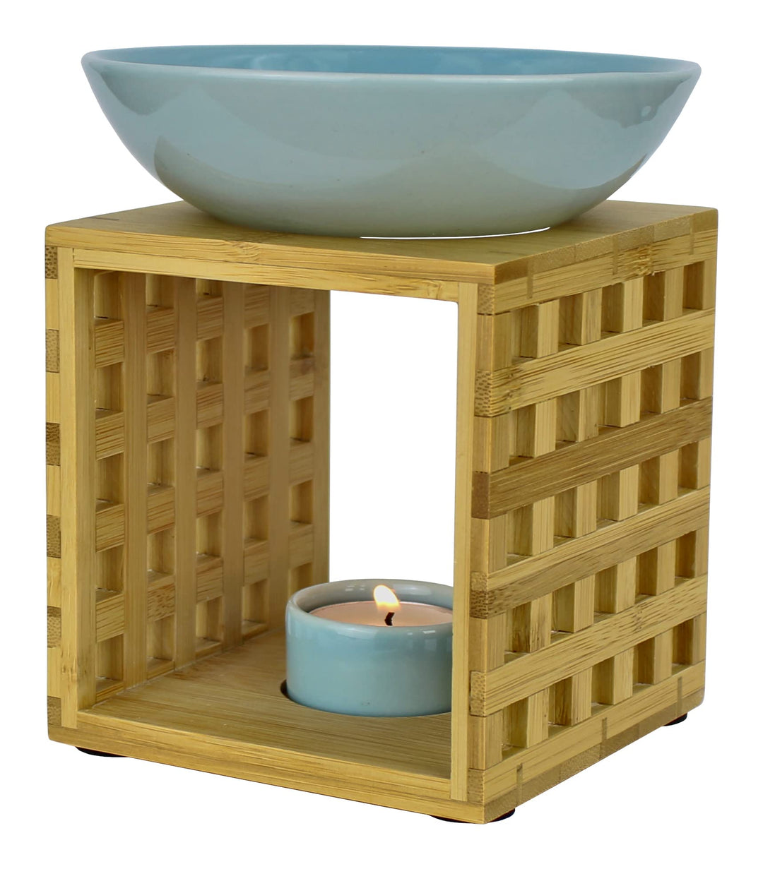 Bitto Duftlampe Riga Weissblau mit Kerze, grosse Schale, Fair Trade, Aromalampe aus Bambusholz und K