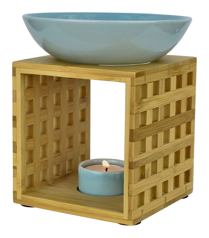 Bitto Duftlampe Riga Weissblau mit Kerze, grosse Schale, Fair Trade, Aromalampe aus Bambusholz und K