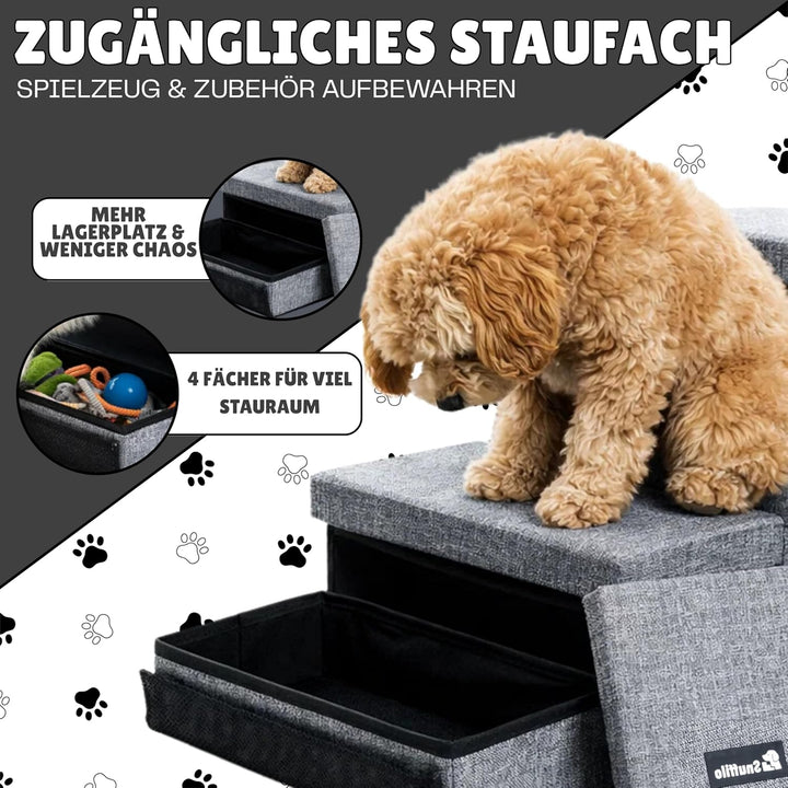 Hundetreppe mit 4 Aufbewahrungsboxen | mit Rampenfunktion | Faltbare Haustier rutschfeste Sicherheit