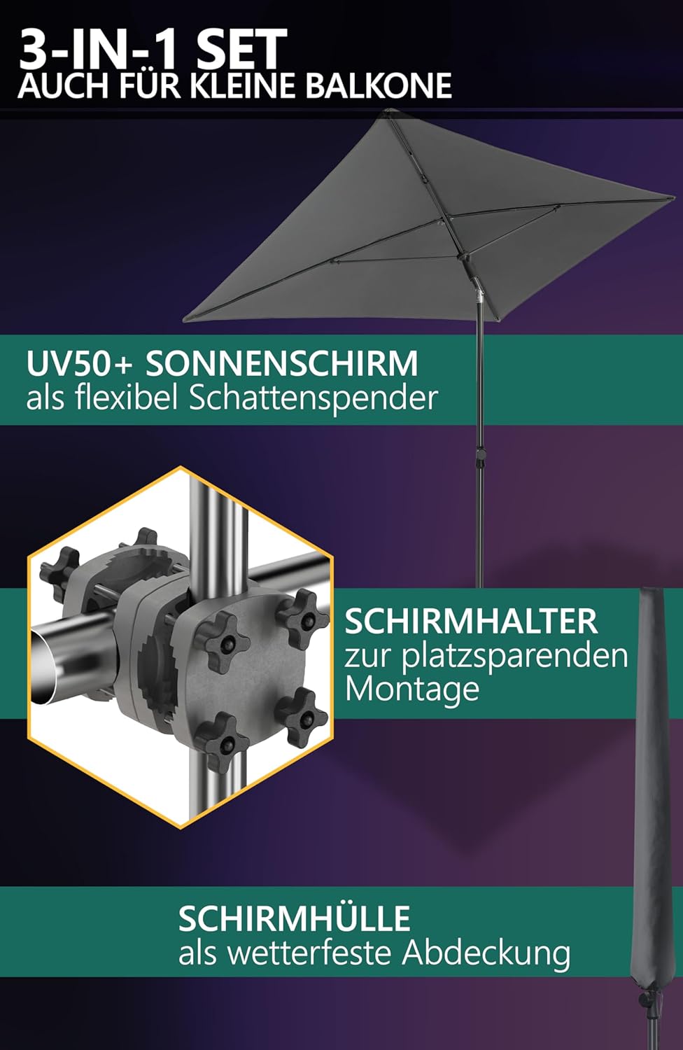 4smile Sonnenschirm Balkon SunnyShade 3-in-1 SET in Anthrazit - UPF 50+ Sonnenschirm rechteckig 200