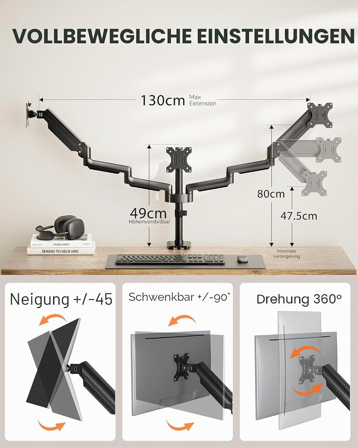 ErGear Monitor Halterung 3 Monitore mit USB-Anschlüssen, Einstellbarer Gasfeder-Monitorhalterung 3 M