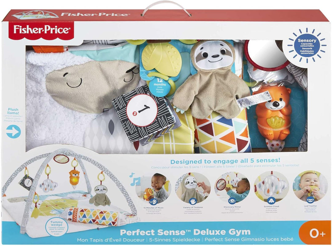 Fisher-Price GKD45 - 5 Sinnes Baby Spieldecke, kuschelig weiche Krabbeldecke mit Sensorik Spielzeug,