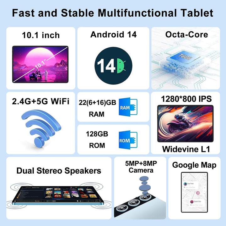 ZIOVO Android 14 Tablet, 10 Zoll, 22 GB RAM + 128 GB ROM (1 TB TF), Widevine L1/Octa-Core/2,0 GHz/5G