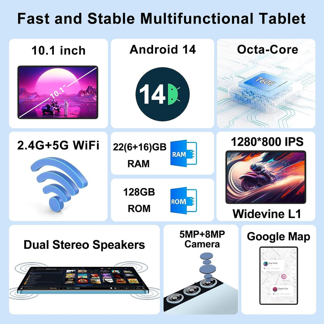 ZIOVO Android 14 Tablet, 10 Zoll, 22 GB RAM + 128 GB ROM (1 TB TF), Widevine L1/Octa-Core/2,0 GHz/5G