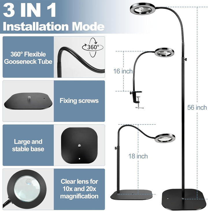 Lupe mit licht und ständer, 10x Standlupe mit Beleuchtung und Stativ, 3-in-1-Standlupe, 3 Farben Mod