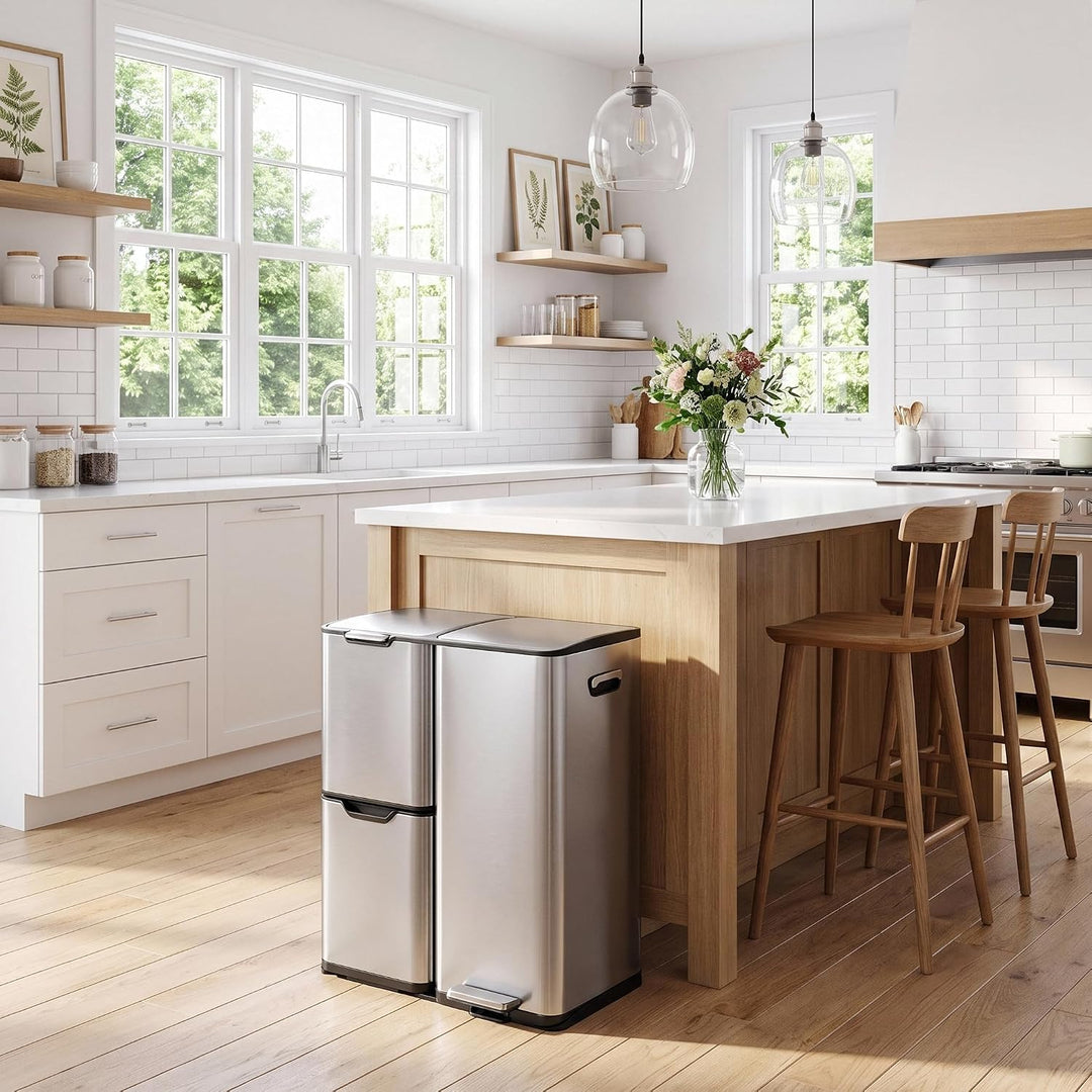 LIFERUN Mülleimer 3 Fächer, 60L Mülltrennsystem (30 + 17 + 13 L) mit Softclose Deckel, Abfalleimer K