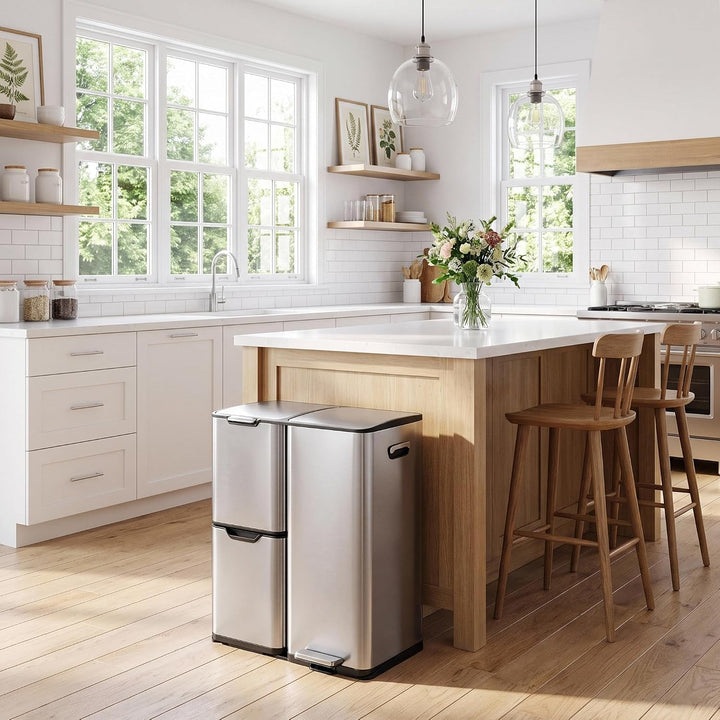 LIFERUN Mülleimer 3 Fächer, 60L Mülltrennsystem (30 + 17 + 13 L) mit Softclose Deckel, Abfalleimer K