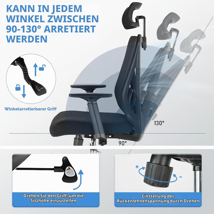 Durrafy Ergonomischer Bürostuhl, Schreibtischstuhl hat Kopfstütze, Lendenwirbelstütze, Armlehnen, Hö