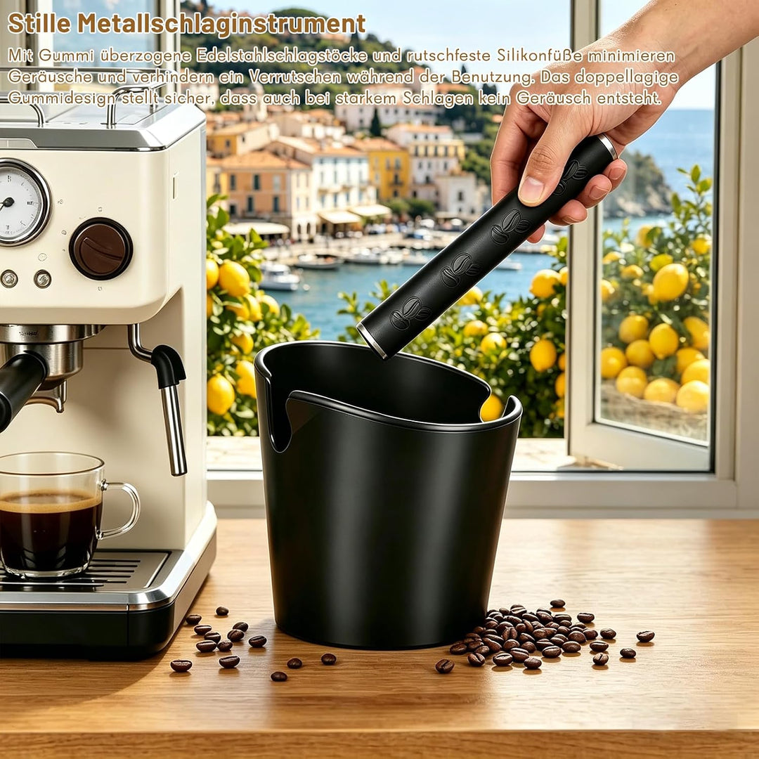Knock Box für Siebträger – Kaffeesatz-Abklopfbehälter mit schalldämpfender Edelstahl-Klopfstange, Bü