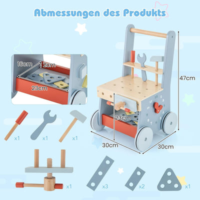 GOPLUS 2 in 1 Lauflernwagen, Lauflernhilfe Holz mit Werkzeugspielzeug, Multifunktionszentrum für Bab