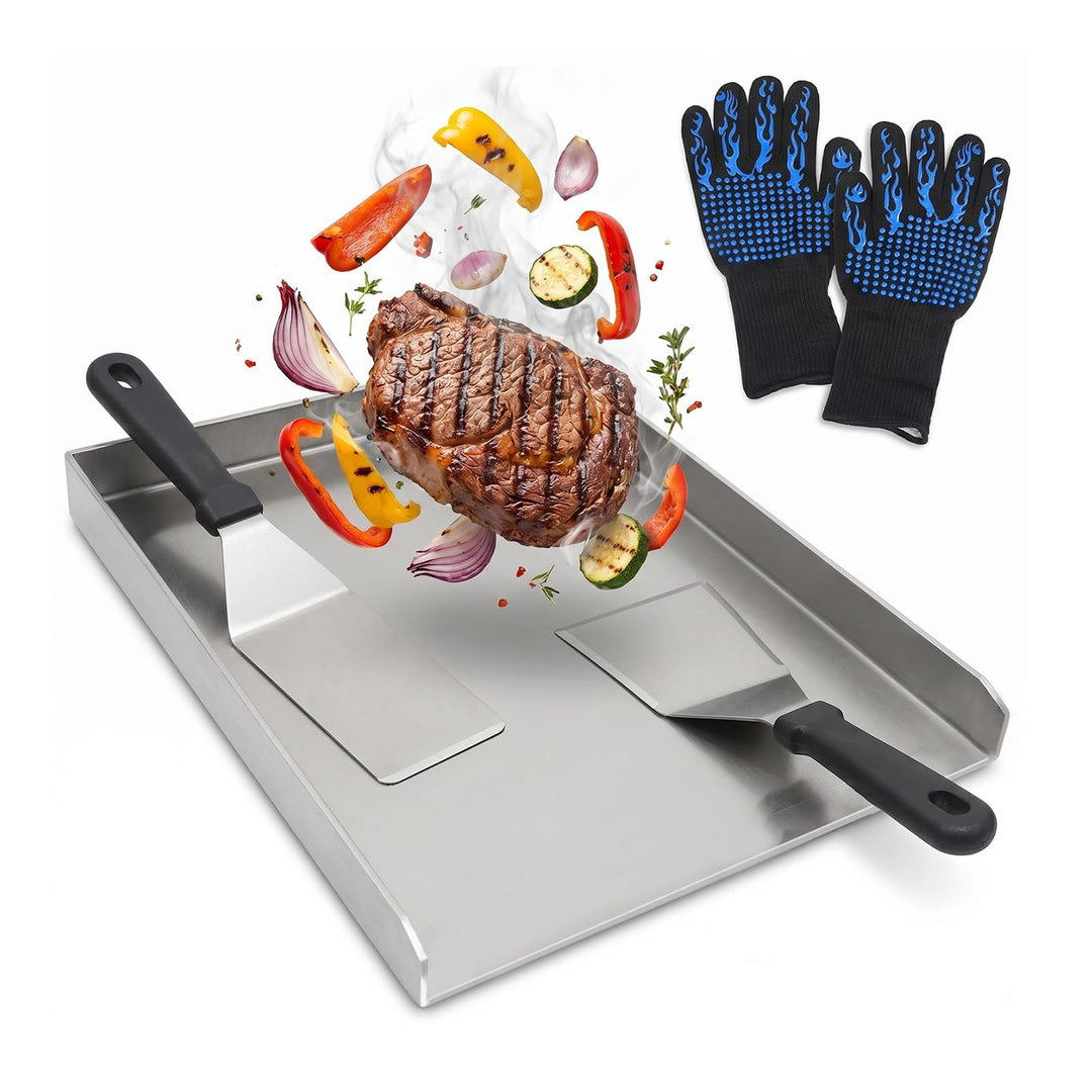 40x30cm Rostfreiem Edelstahl Grillplatte, 2mm Dicke Plancha Grillplatte Mit 2 Grillspachtel und Hoch