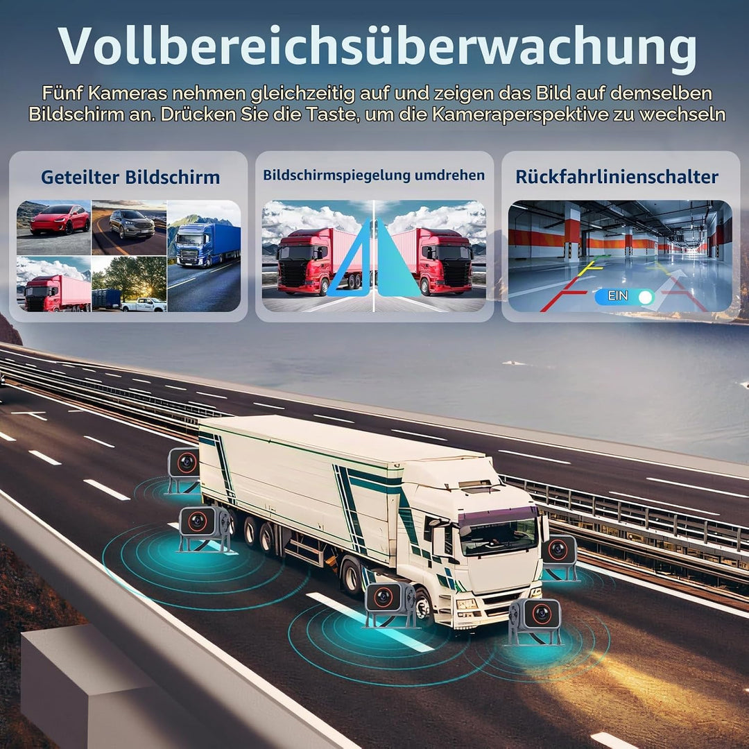 Hodozzy Rückfahrkamera 5 Kameras Set 10,1 Zoll IPS HD Monitor 5 Geteilte Rück und Vorder Kamera Weit