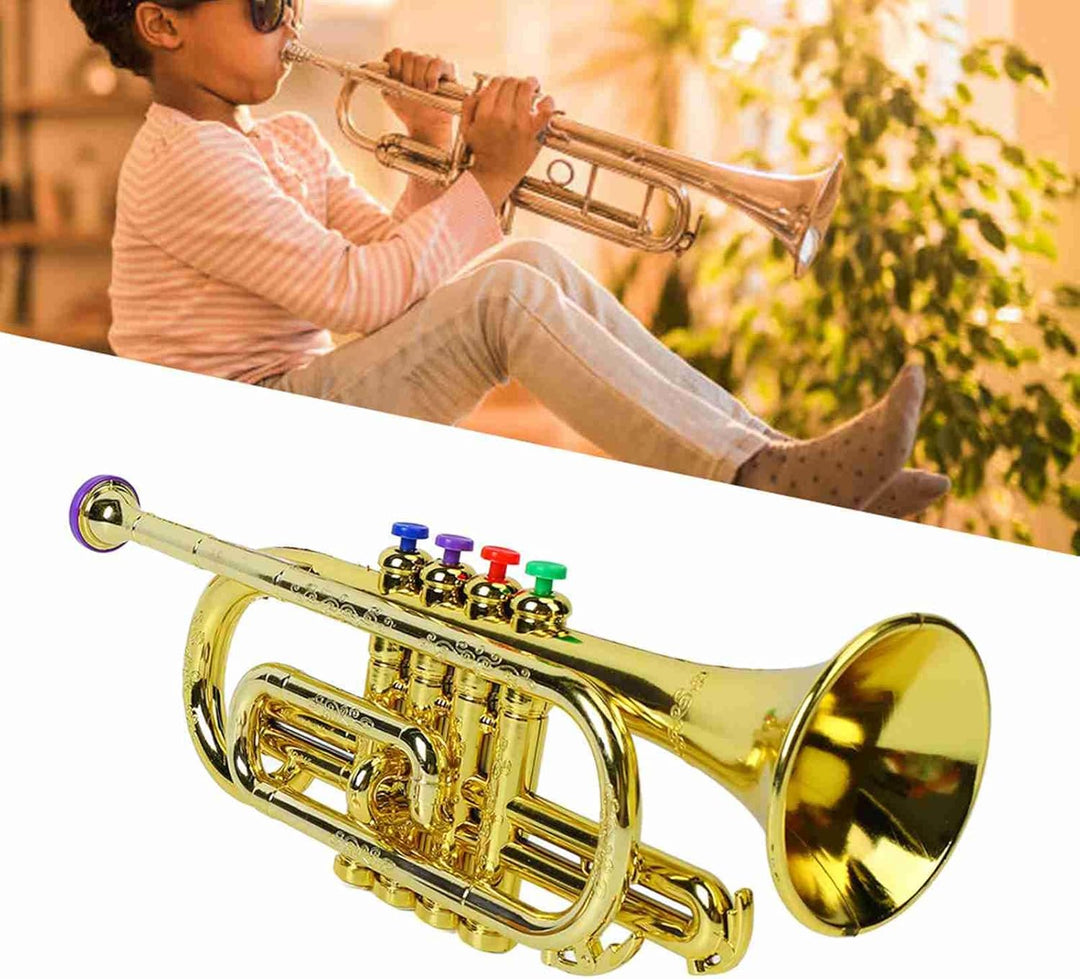 Ejoyous Goldene Trompete, Kindertrompete pädagogisches Musikinstrument mit 4 farbigen Tasten für rea