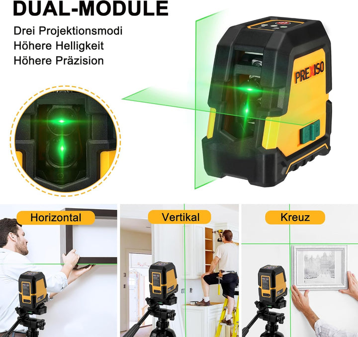 PREXISO Kreuzlinienlaser mit Stativ Grün 30m, Selbstnivellierend Linienlaser mit Dualem Lasermodul,