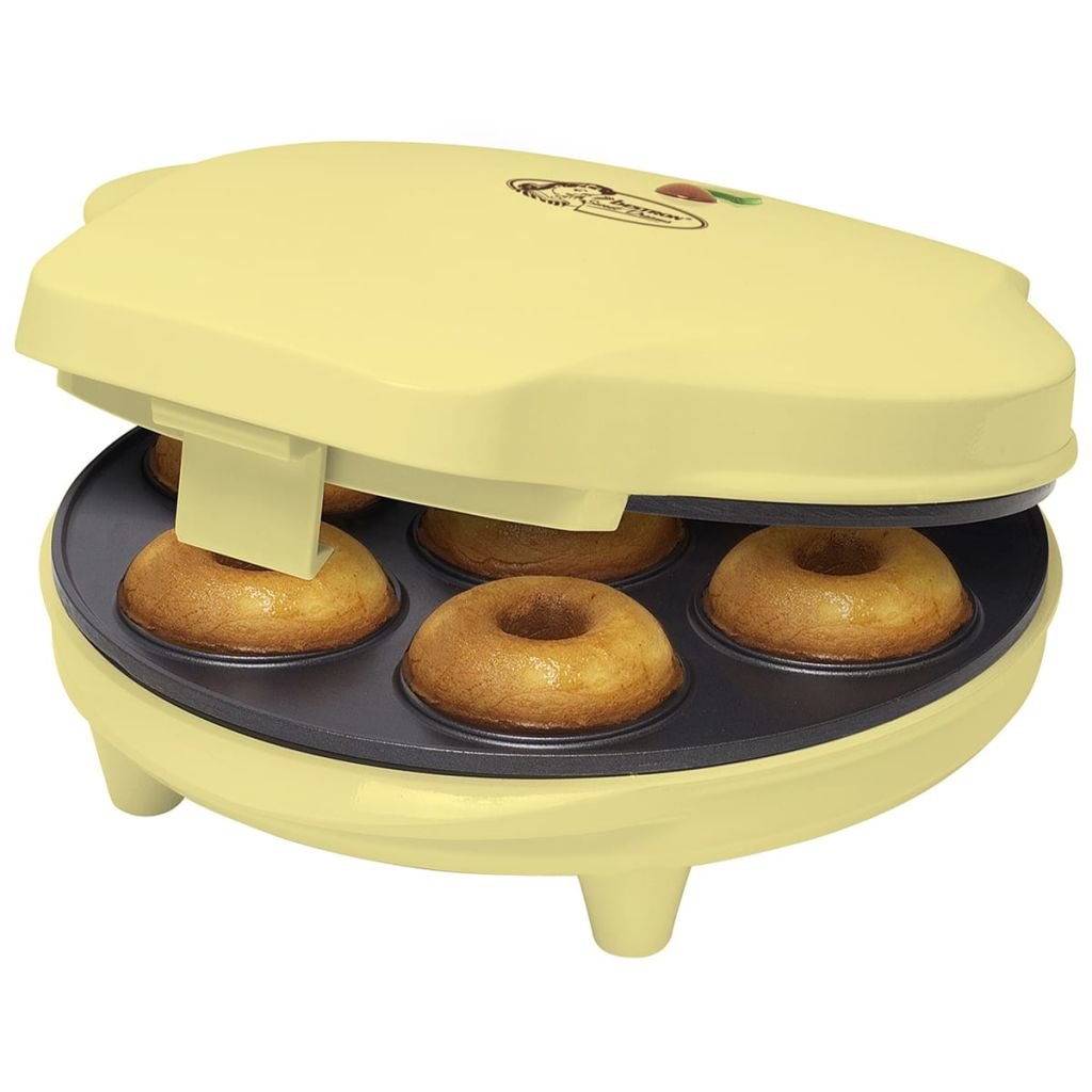Bestron Donut Maker im Retro Design, Sweet Dreams, Antihaftbeschichtung, 700 Watt, Farbe: Gelb