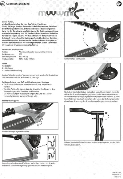 muuwmi Aluminium Scooter Pro – Tretroller, 250/215 mm, ABEC 7, GS-geprüft, höhenverstellbar rot, rot