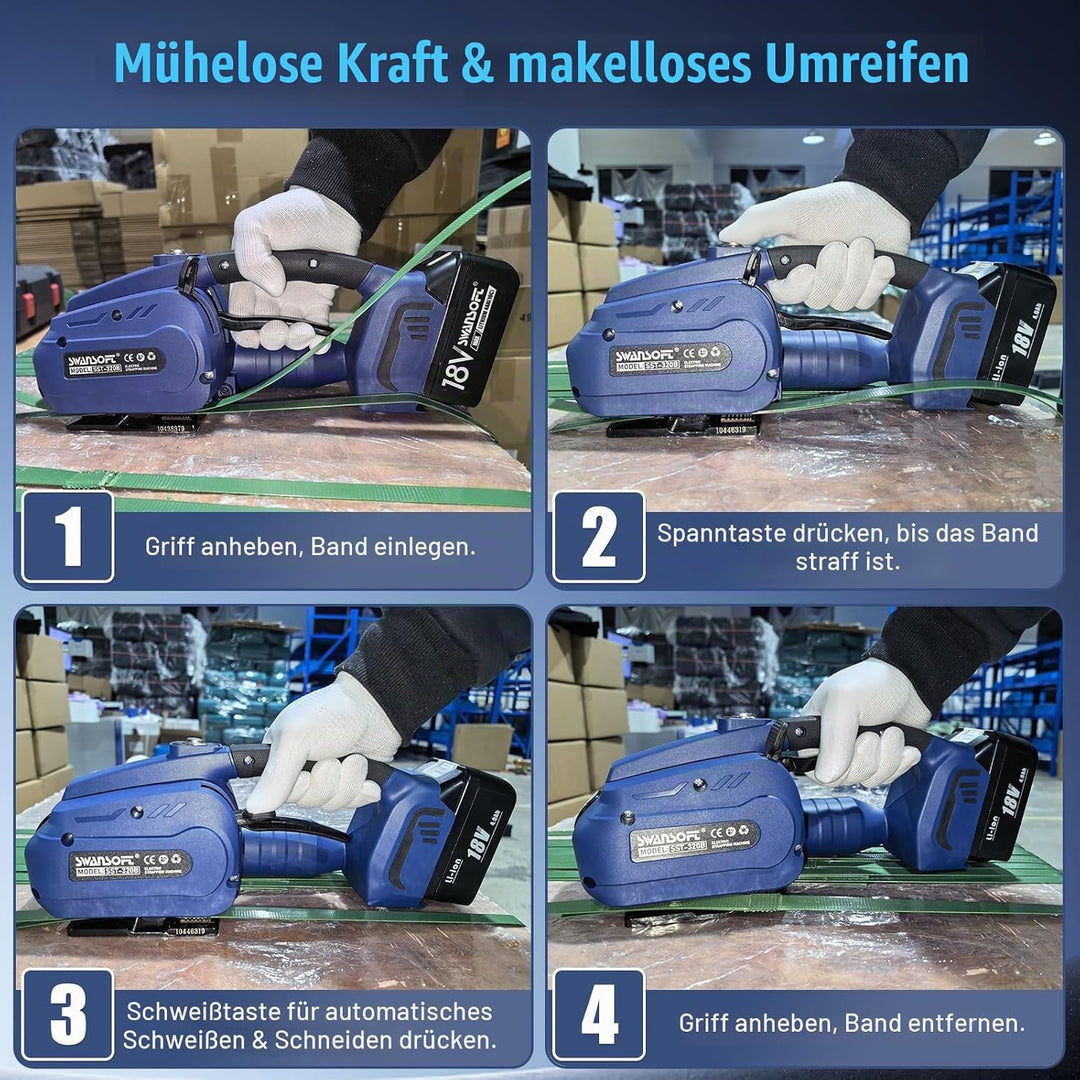 SWANSOFT Umreifungsgerät Akku für 13-16 mm PP-/PET-Band mit Digitaldisplay, 2 x 4000 mAh Akku, 3200N