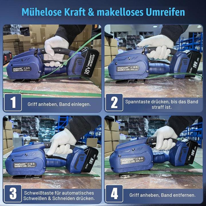 SWANSOFT Umreifungsgerät Akku für 13-16 mm PP-/PET-Band mit Digitaldisplay, 2 x 4000 mAh Akku, 3200N