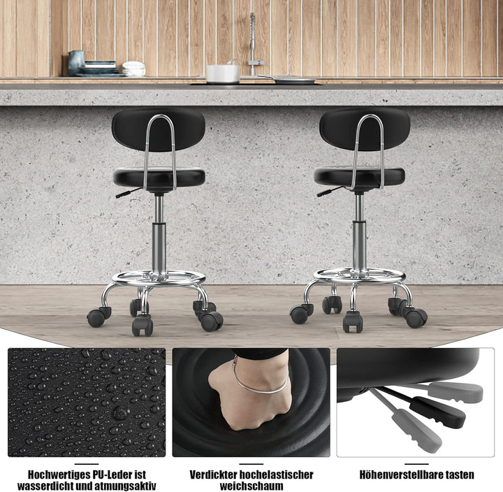 Lvhecforhm Bürostuhl mit Lehne, Rollhocker 2er Set, Arbeitshocker Höhenverstellbar, 360° Rotating Se