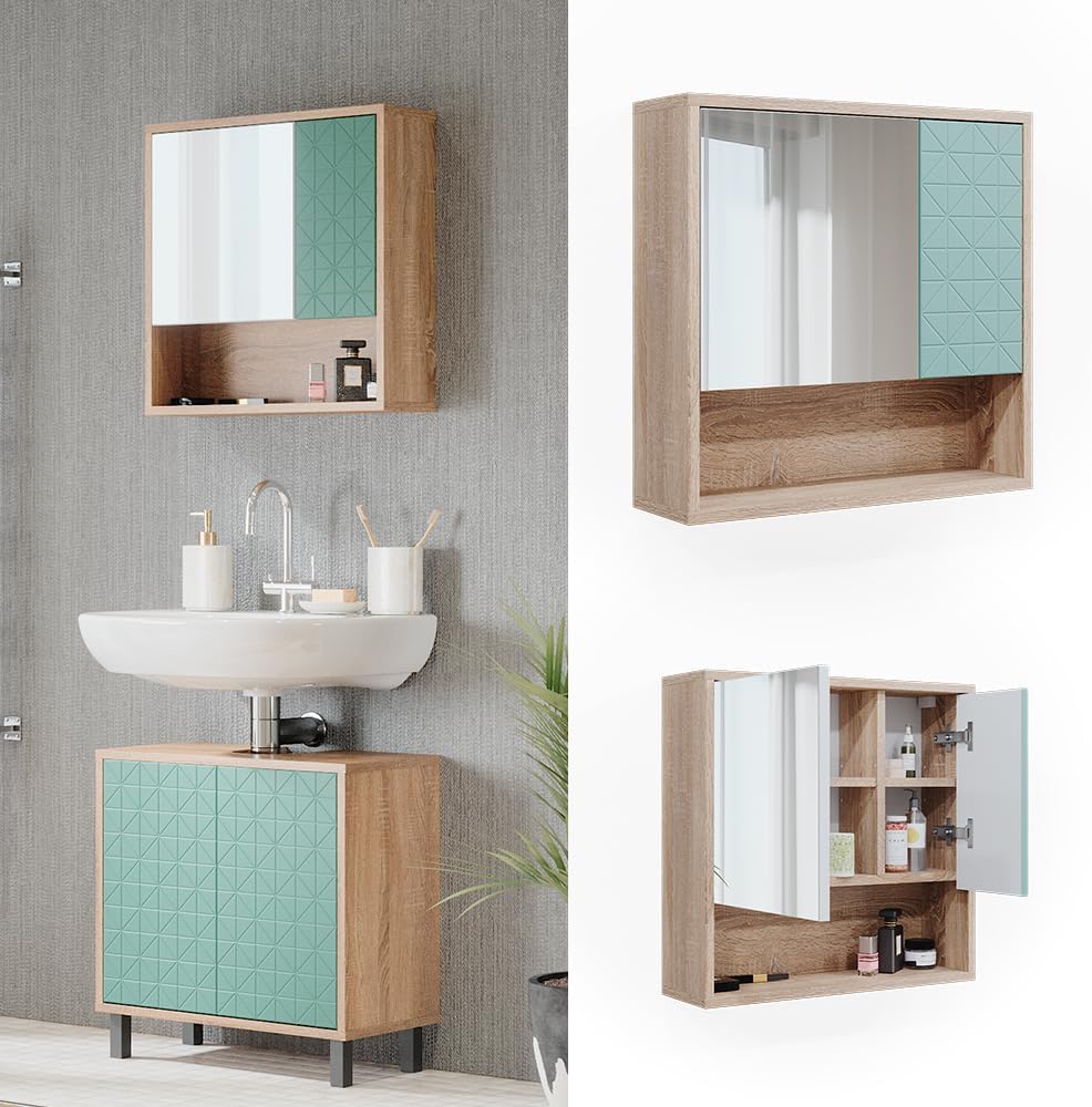 Vicco Bad Spiegelschrank Agasta, Mintgrün/Sonoma, 54 x 53 cm Mintgrün Spiegelschrank, Mintgrün Spieg