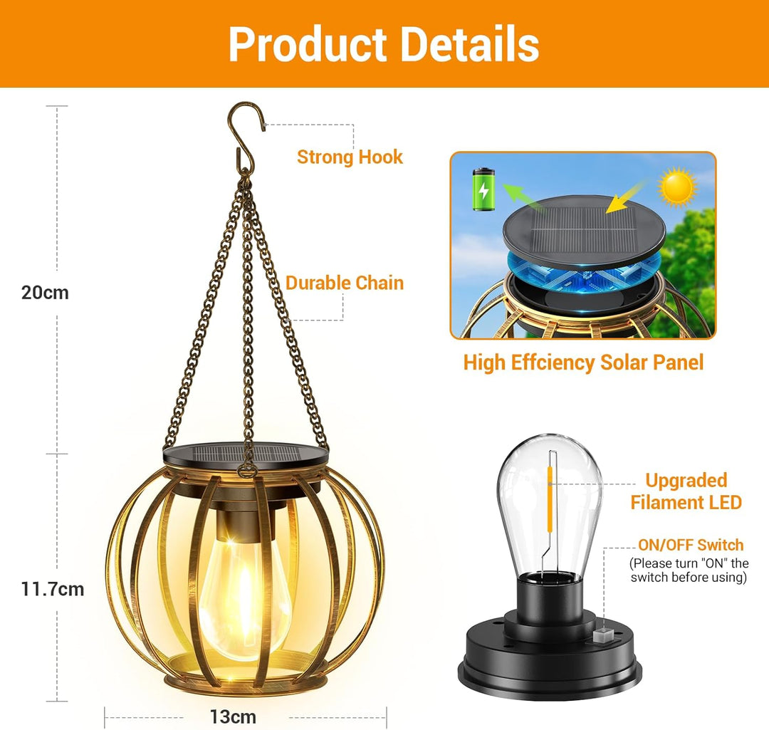 BUCASA Solarlampen für Aussen Hängend, 2 Stück Bronze Solarlaterne für Aussen mit Grösser LED-Glühbi