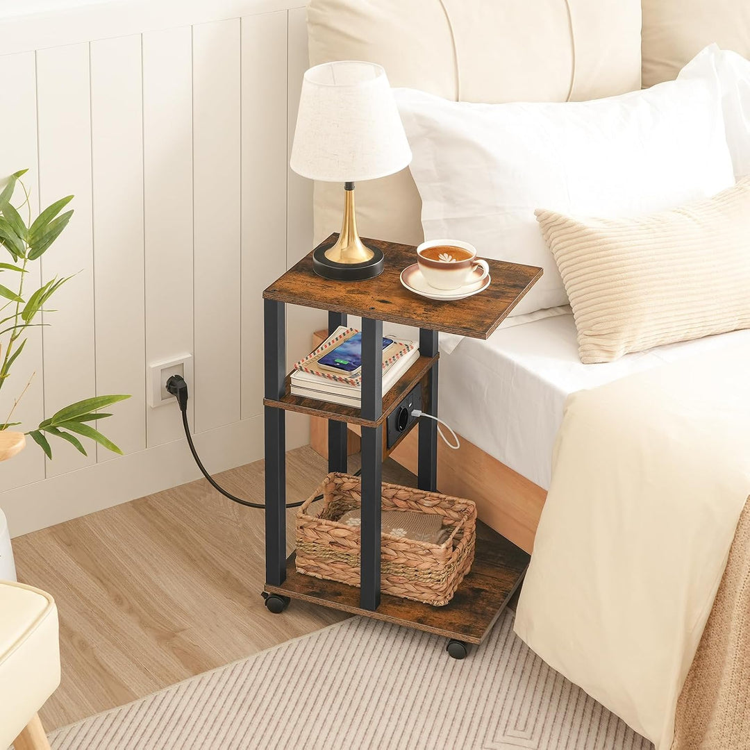 HOOBRO Beistelltisch mit Ladestation, Flip C-Form Sofatisch, Couchtisch mit Rädern und Ablagefläche,