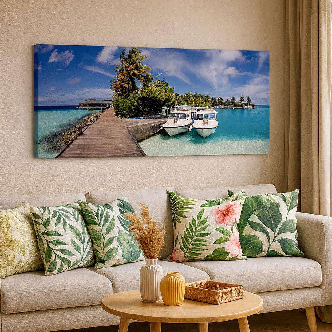 Wandbilder Dekoration Wohnzimmer Maledische Insel Archipel Ozean Hütte Bilder auf Leinwand 120x50cm