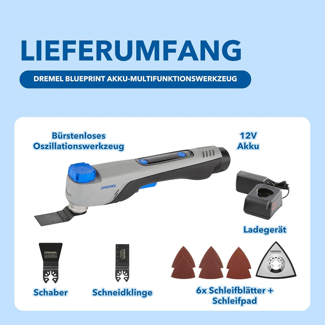 Dremel Blueprint 12V Bürstenloses Oszillierendes Multifunktionswerkzeug mit Anwendungsauswahl und va